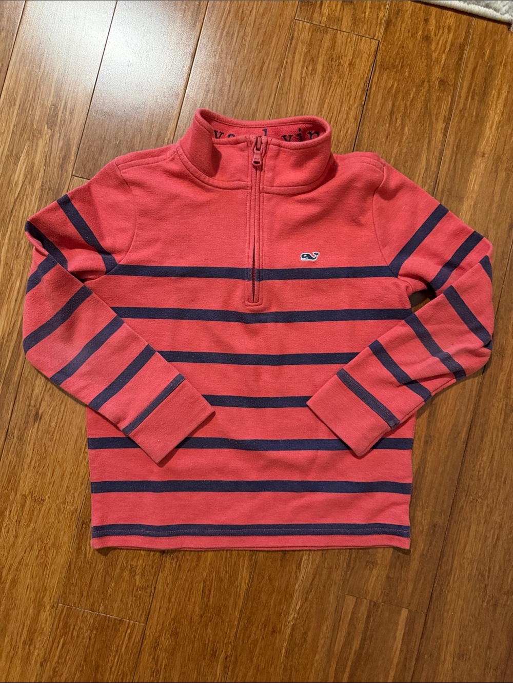 Vineyard Vines Kids Coral Red and Navy Striped Half-Zip Sweater